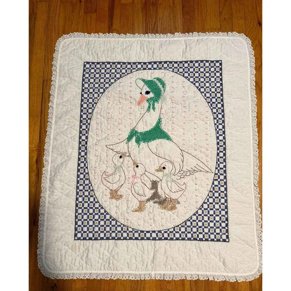 Vintage Mother Goose Cross Stitch Baby Crib Blanket Cottagecore